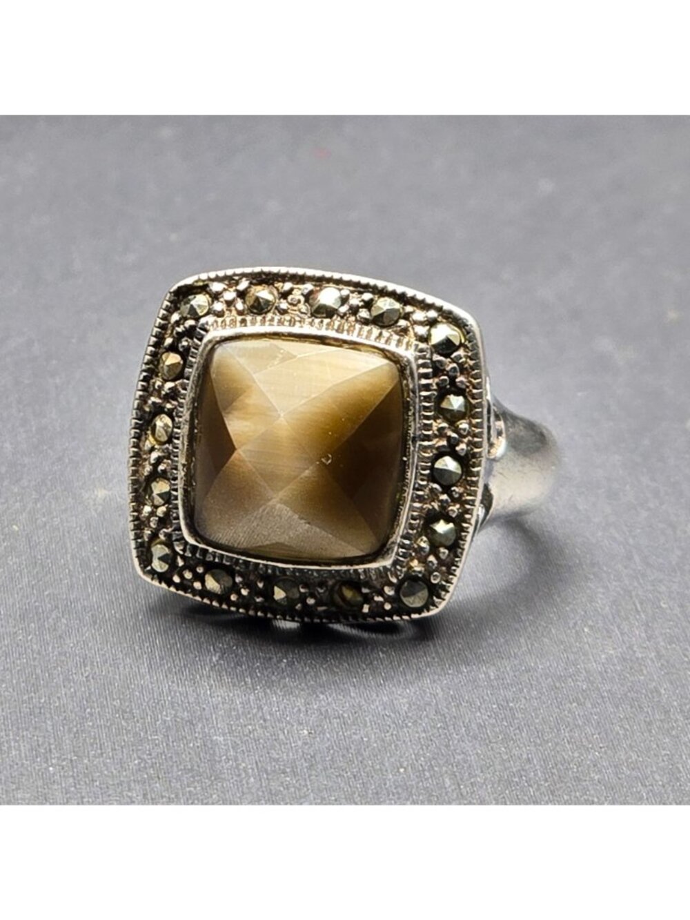 Vintage Sterling Silver Smokey Quartz Marcasite Ring Size 7 Art Deco Dome Cutout - Picture 15 of 15